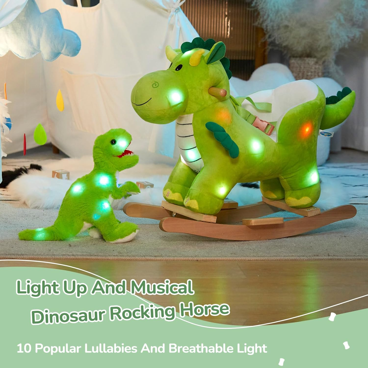 Glow Guards Musical Dinosaur Baby Rocking Horse Set - 2 Dinosaur Rockers with Safety Belt for Toddlers 1-3 - White Unicorn image number 2