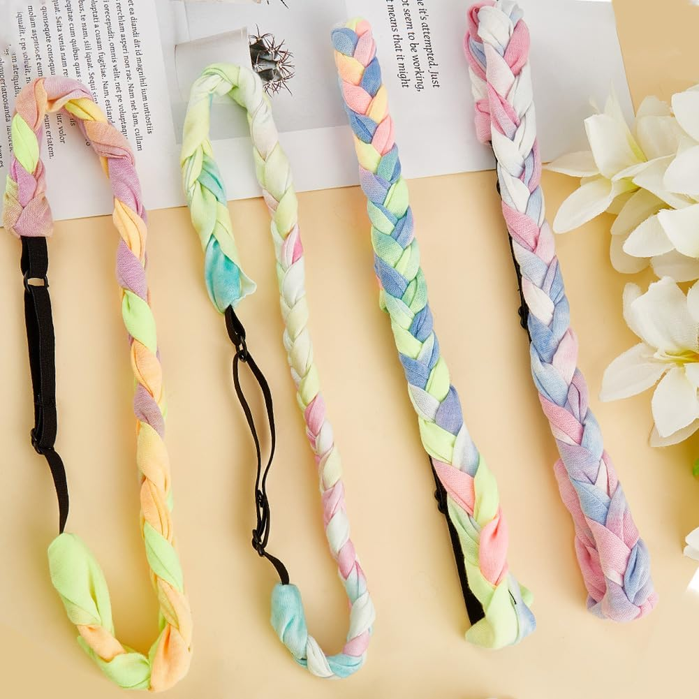 SOFPLATE 4Pcs 4 Colors Elastic Woven Headbands Thin Colored Fabric Headbands Adjustable Rainbow Polyester Stretch Spandex Cloth Tie Dye Hairbands Accessories for Short Long Hairstyle DIY Decoration image number 4