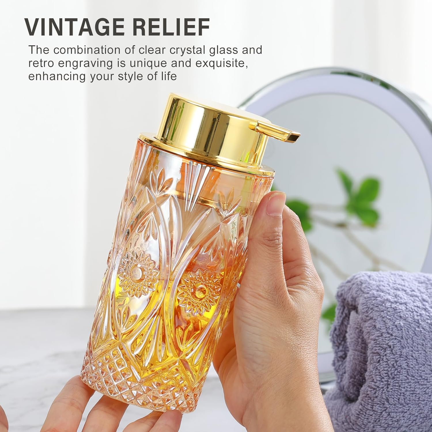 LEICURACE Glass Foaming Hand Soap Dispenser Foaming Soap Dispenser for Bathroom Clear Soap Dispenser with Pump (Amber Sun Patteren)