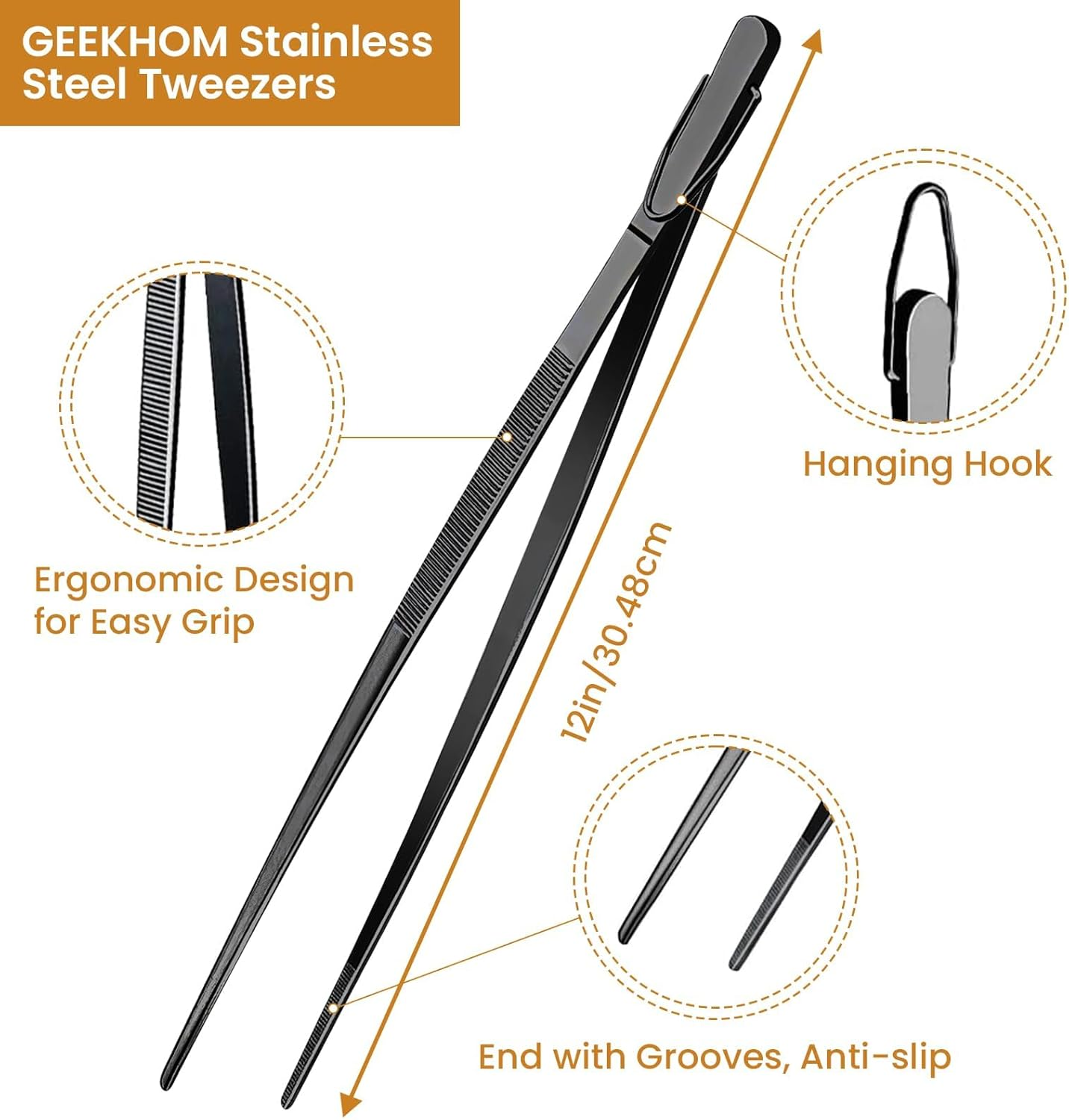 GEEKHOM Cooking Tweezers, [4 Pack] 12 Inch Fine Long Food Tongs Stainless Steel Kitchen Tongs Professional Cooking Tongs for Barbecue, Baking, Roasting, Dessert Decoration, Steak, Salad, Black image number 6