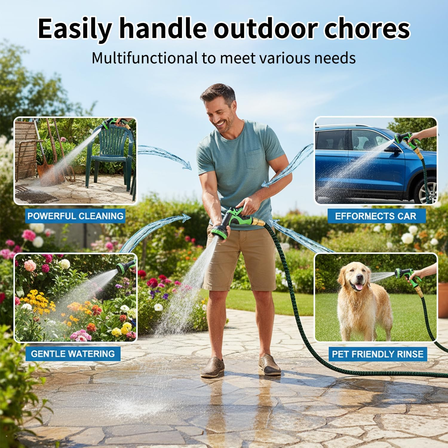 Garden Hose, 100/75/50Ft Expandable Garden Hose,Lightweight Hose with 8Function Nozzle, Leak-Proof, No-Knot, Easy to Carry, Wear-Resistant, Sturdy, Flexible,Garden, Outdoor (Green, 50FT) image number 3