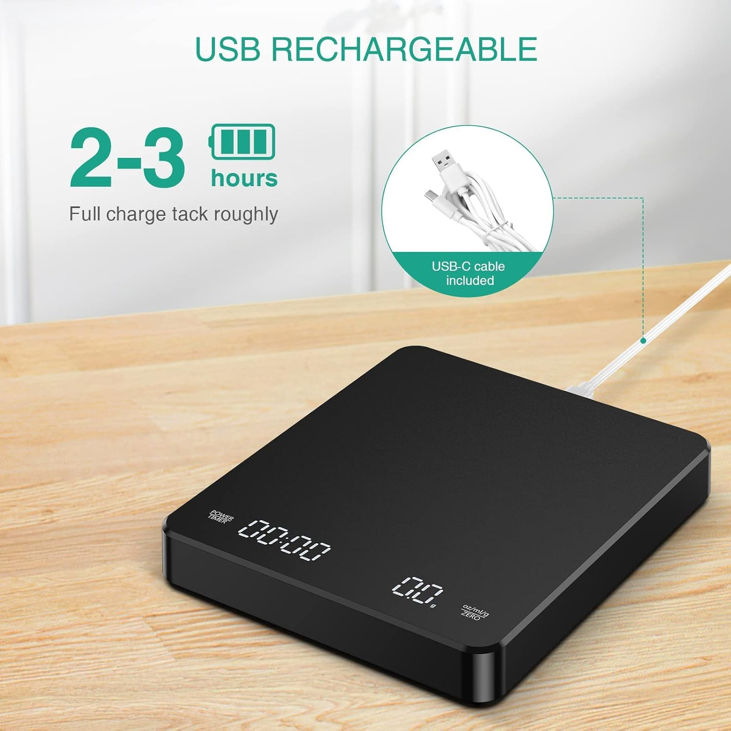 Digital Coffee Scale with Timer, Rechargeable Portable Drip Espresso Scale 3Kg/0.1G Precision Kitchen Scale with Automatic Timing Function,With Waterproof Insulation Pad (Black) image number 3