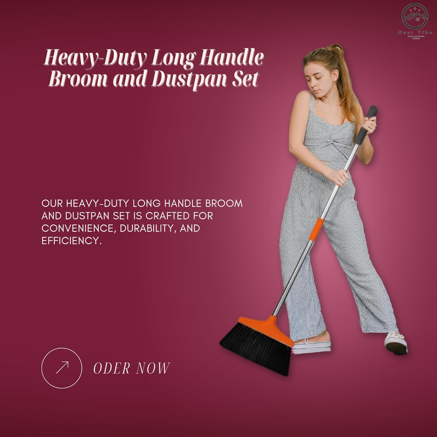 Heavy-Duty Long Handle Broom and Dustpan Set &ndash; 124Cm Broom & 122Cm Dustpan &ndash; Upright Standing Sweeping Combo for Home, Kitchen, Office & Outdoor Cleaning &ndash; Black & Orange image number 2