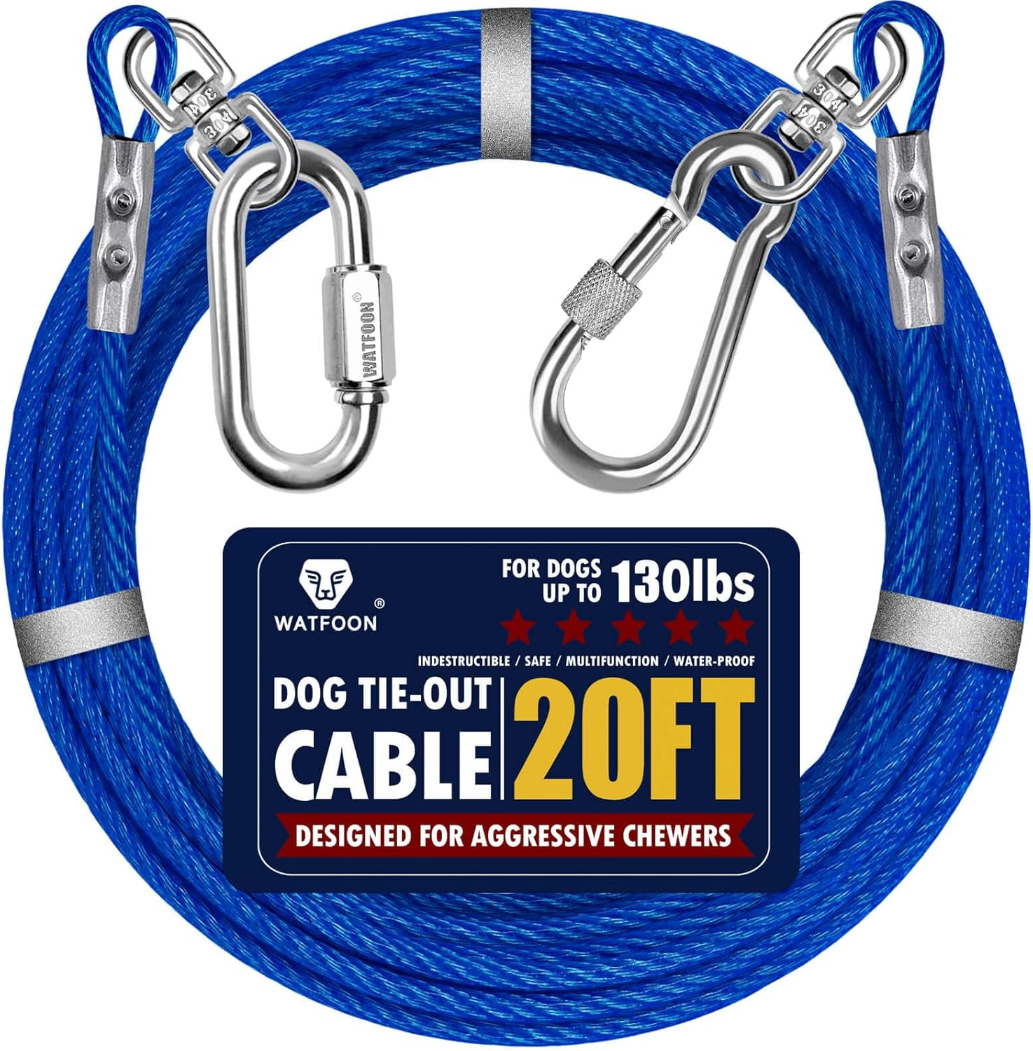 Dog Leads for Yard, 100Ft Tie Out Runner Steel Wire Cable, Heavy Duty Pet Tether Chains for Dogs up to 130 Lbs, Outside, Camping, Park (100Ft-Blue)
