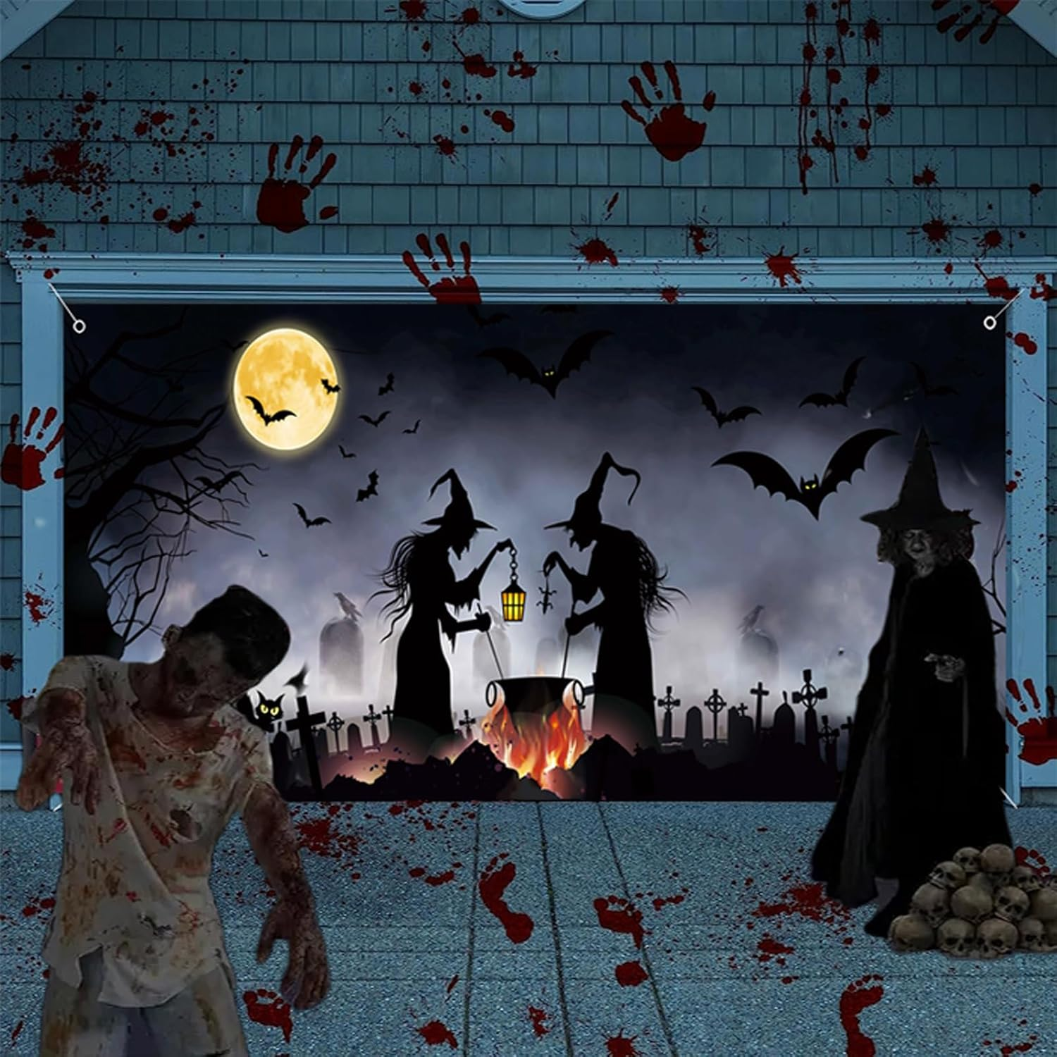Kovewon Halloween Garage Door Decorations Cover 7 X 16 Ft Halloween Garage Door Banner Halloween Backdrop Background for Photo Party Halloween Wall Decorations Indoor Outdoor image number 1