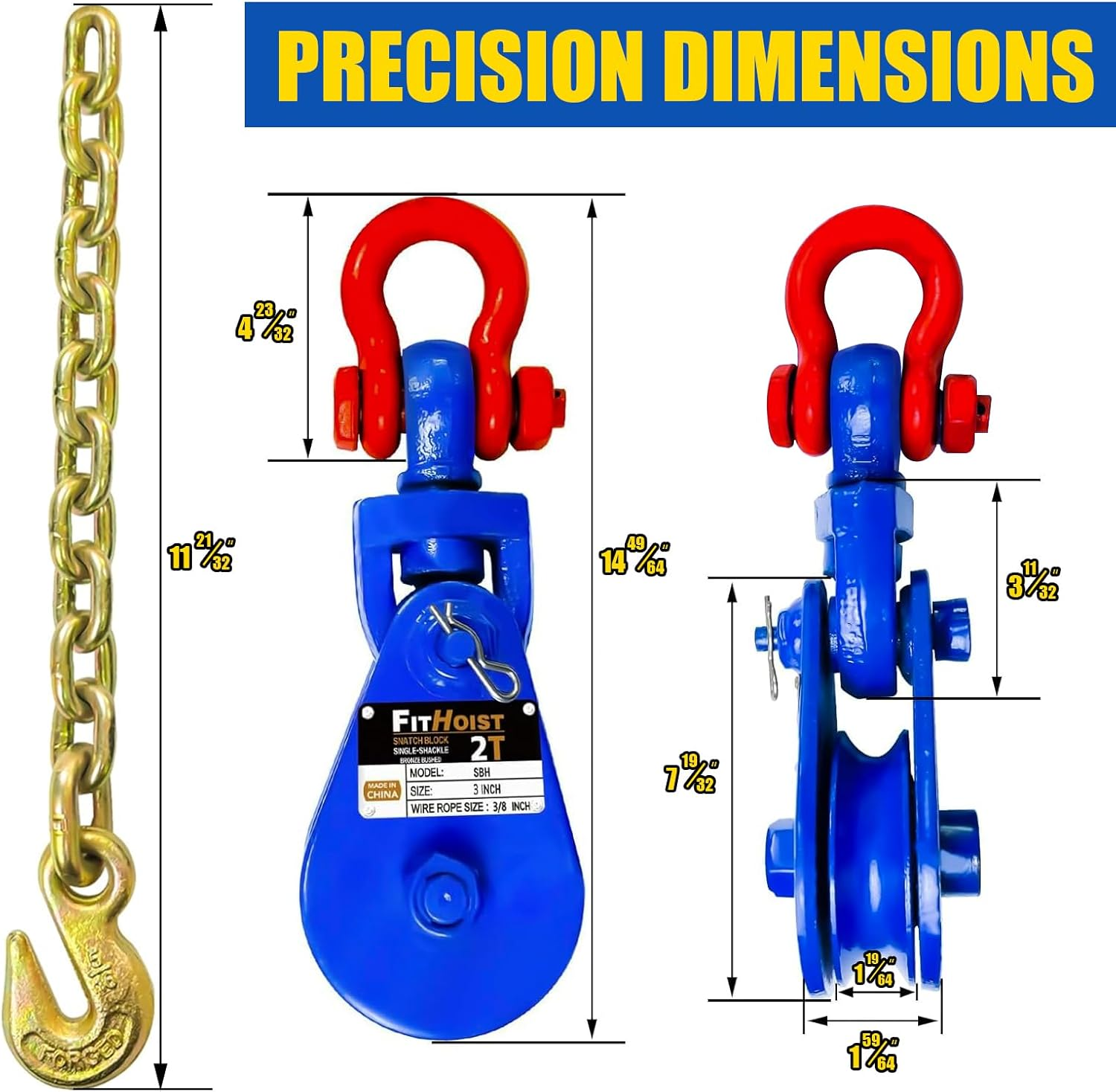 FITHOIST 2 Ton Snatch Block with G80 Chain | 3'' Sheave for 3/8" Inch Wire Rope | Pulley Block with Shackle for Heavy Duty Towing and Recovery Equipment | Tow Truck Rollback Wrecker Car Hauler Winch