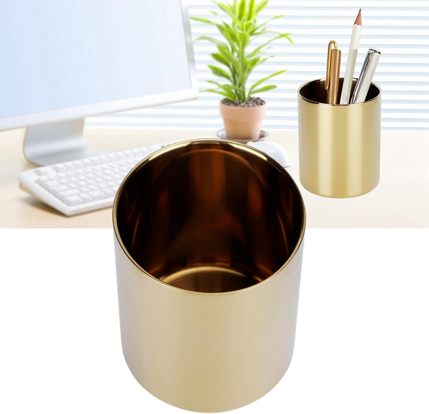 Stainless Steel Pencil Cup with Modern Design, Space-Saving, Multipurpose Organizer for Desk, Counters, Dressers, Tabletops, Premium Quality, Stable Placement (Gold) - Silver image number 3