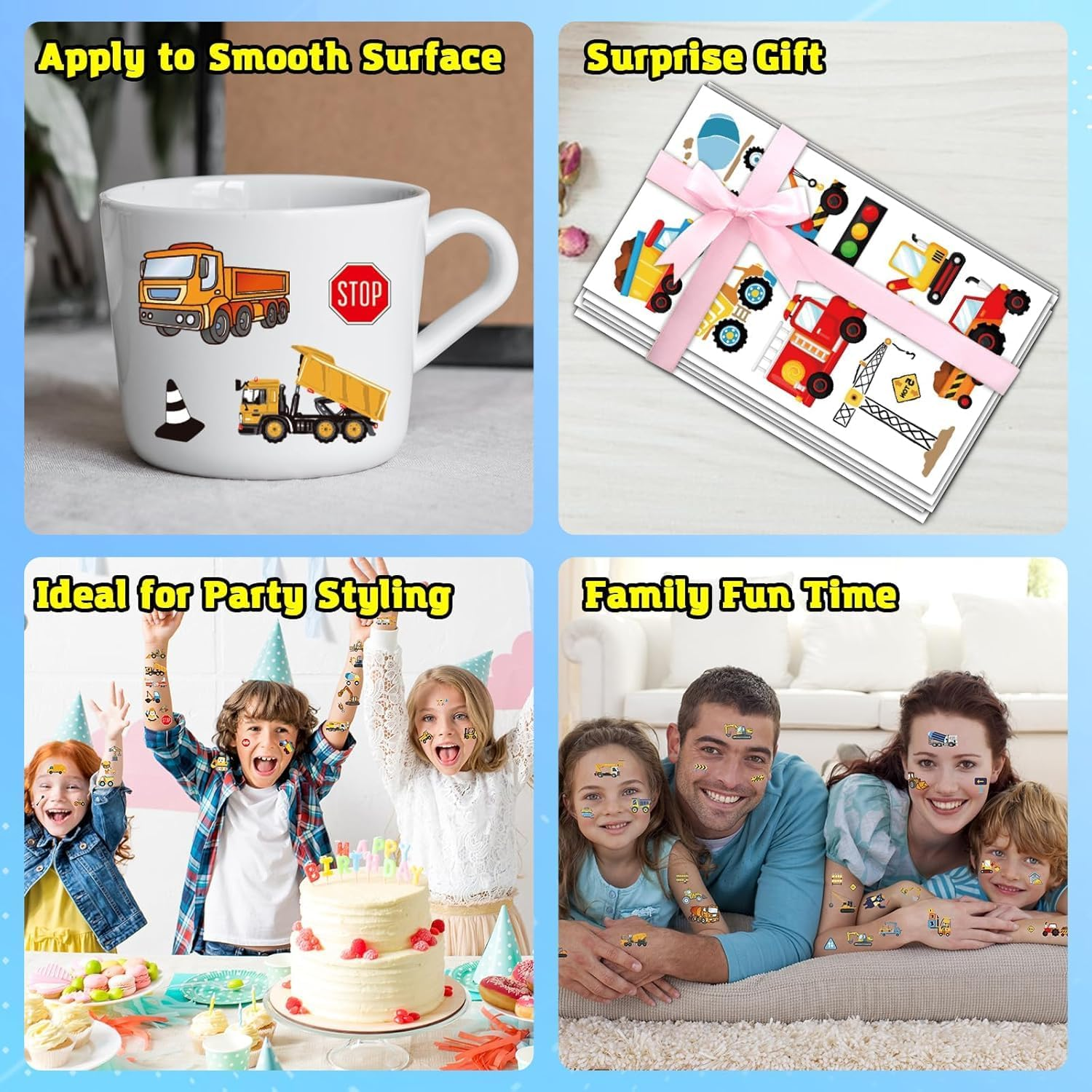 10 Sheets Construction Trucks Temporary Tattoo for Kids, 120 Pcs Vehicles Fake Tattoos for Boys Party Favors, Cars Birthday Supplies Decorations image number 5