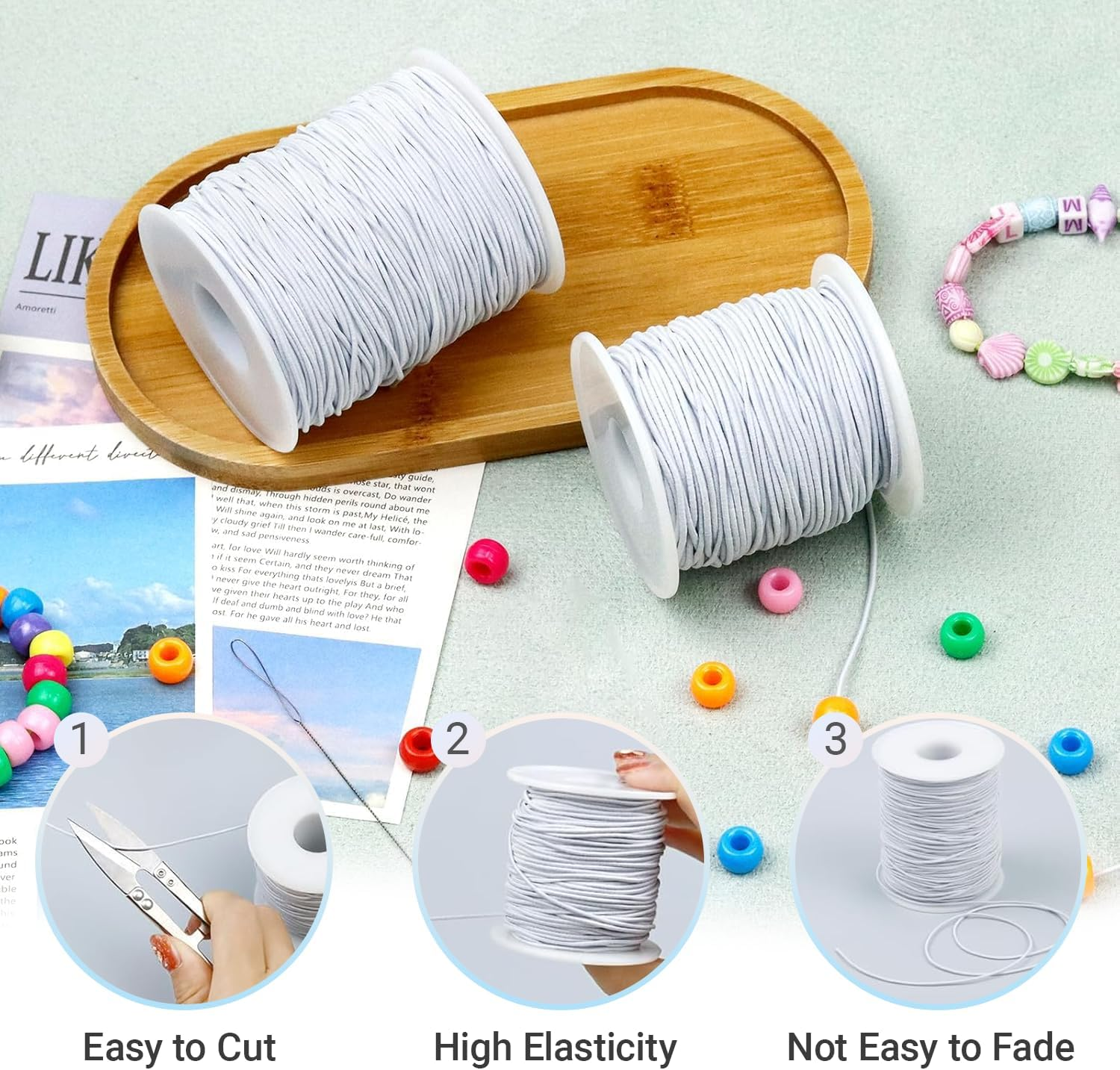 JOWILIN Elastic String for Bracelets, 2 Roll 1.2Mm 100M Sturdy Stretchy Bracelet String, Durable Elastic Cord for Jewelry Making, Beading, Necklaces, Sewing, Crafts (White) image number 2