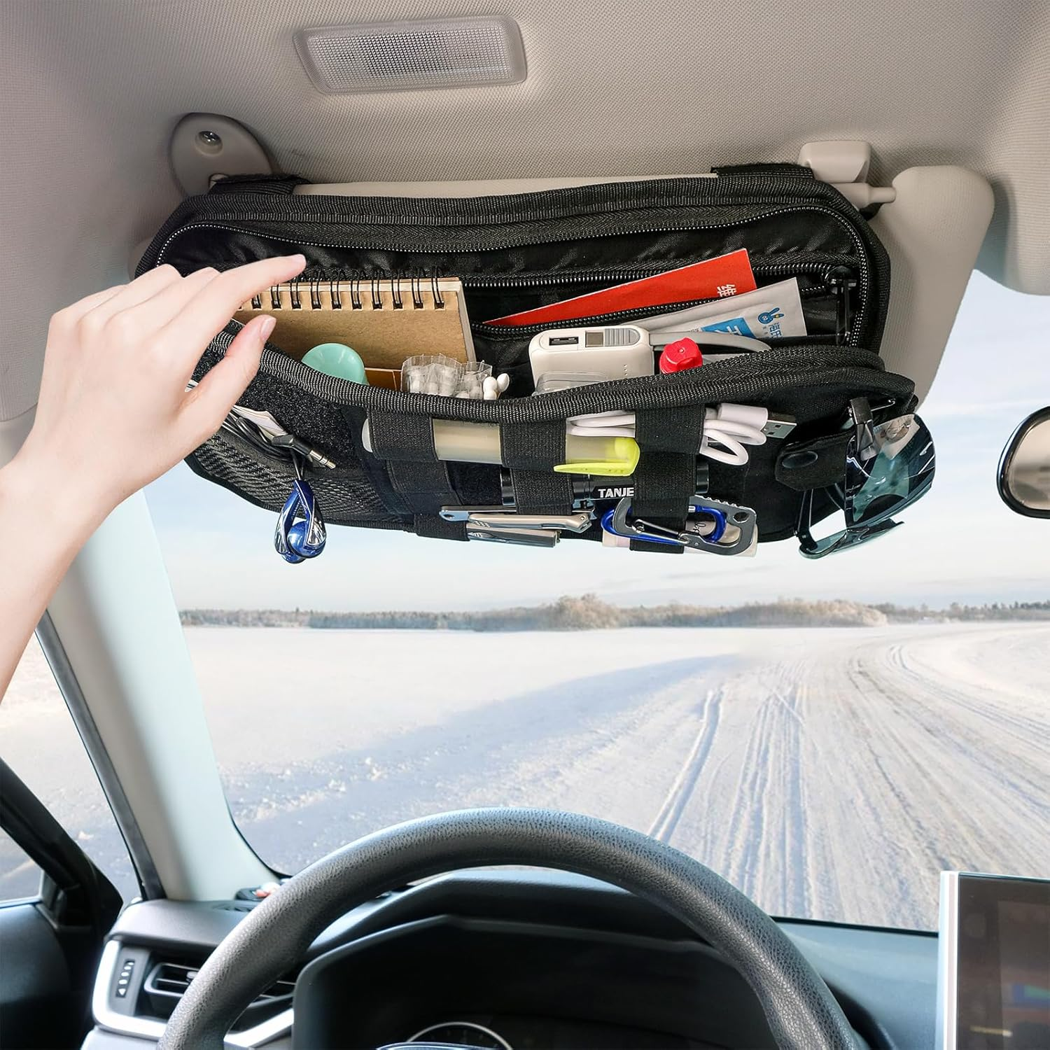 Molle Car Visor Organiser, Ultra-Slim Dashboard Storage Pouch with Elastic Loops & Mesh Pocket for Cards, Pen, Flashlight - Universal Fit for Cars, SUV, Trucks and More image number 4