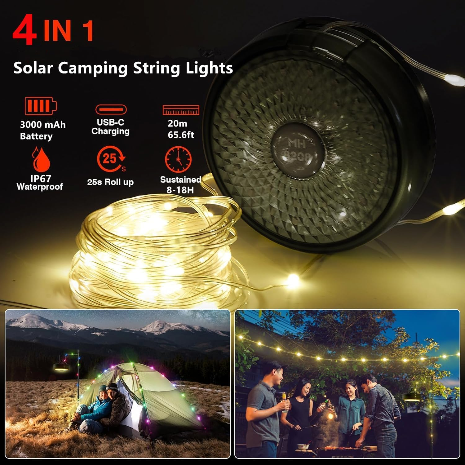 Solar Camping String Lights Outdoor, Portable Outdoor Waterproof Retractable,20M 3000Mah 4 in 1 Camp Light with 9 Modes, Solar&Usb Rechargeable Tent Lights,For Camping,Hiking, Yard,Rv image number 6
