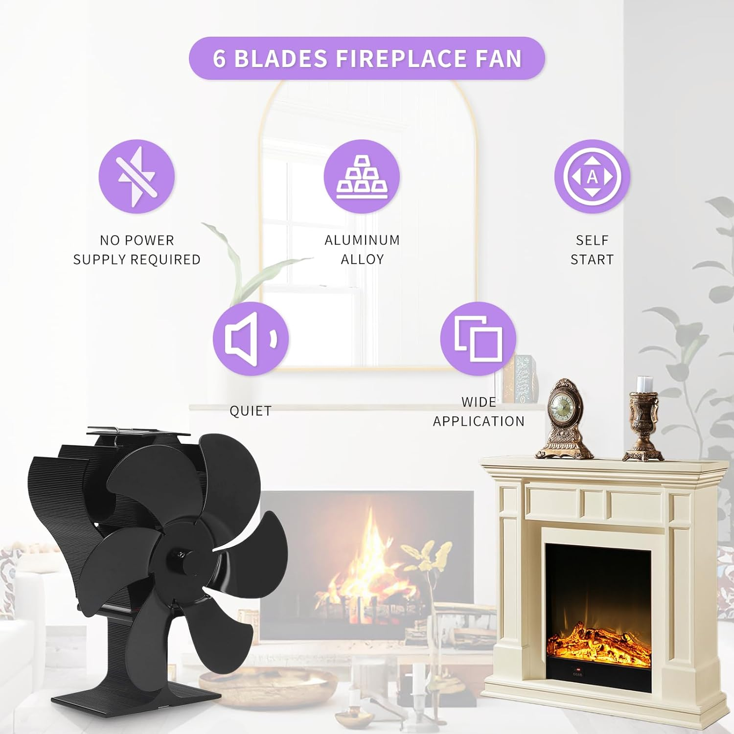 6 Blades Fireplace Fan, Aluminum Alloy Diameter 152Mm Heat Powered Stove Fan, Silent High Temperature Heat Operated Fireplace Fan for Wood Fireplace image number 4