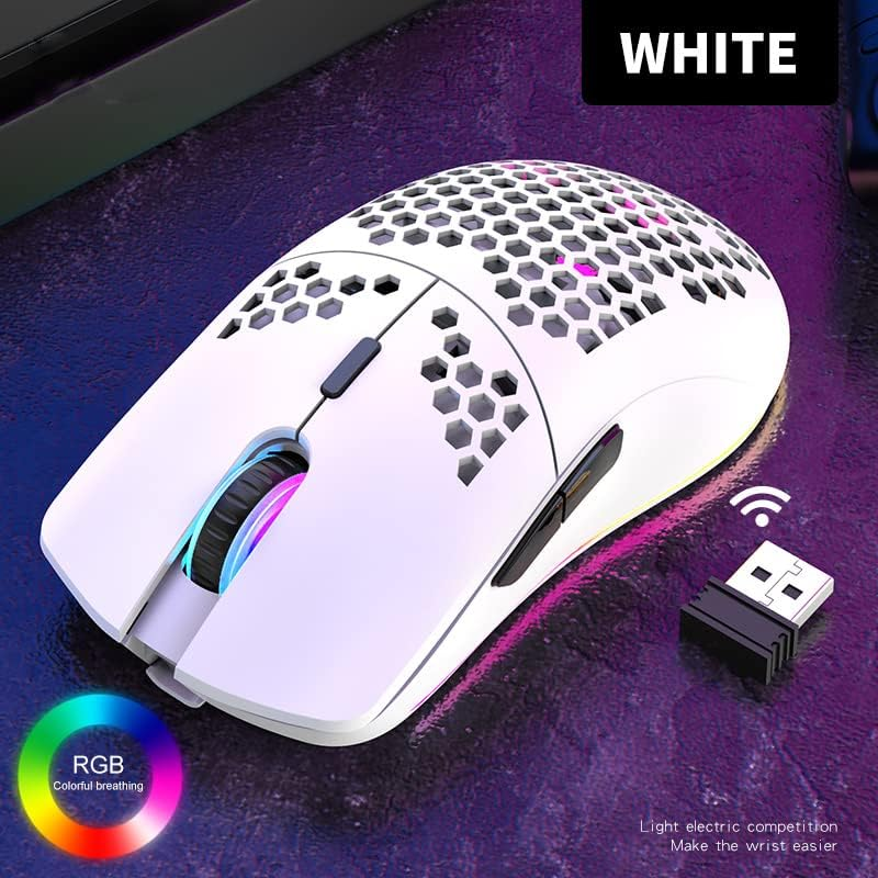 Lancoon Wireless Gaming Mouse, Hollow Carved Design, Colourful, Rechargeable, Durable, 2.4 G, 4 Adjustable 3200 DPI Levels, 7 Buttons, Optical Sensor for E-Sportb Work (White) image number 3