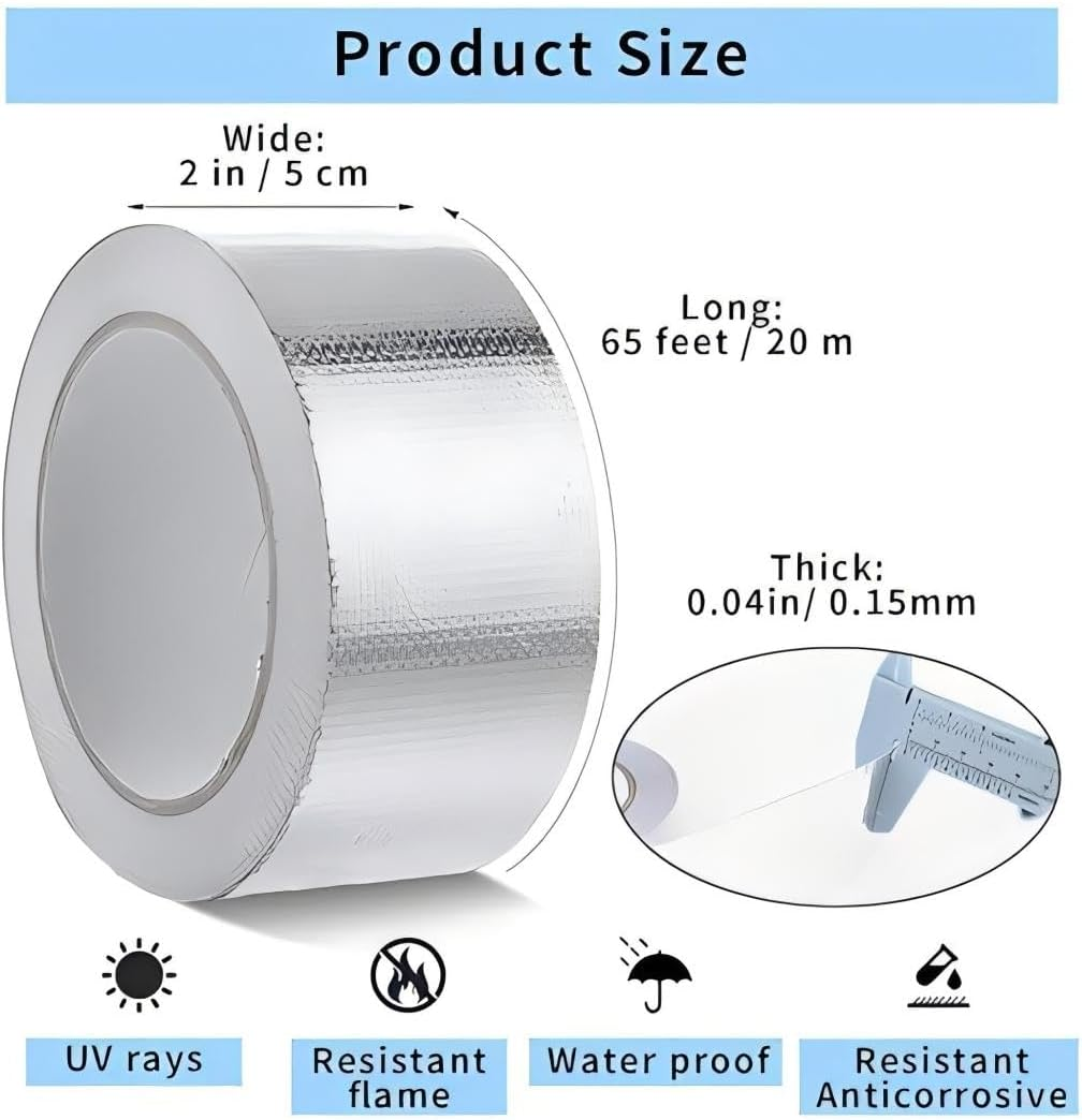 Premium Heat Shield Tape 2 Roll, Thick Aluminum Foil Adhesive for Reflective Insulation, Heat Resistant Fiberglass Exhaust Duct Tape,For Sealing Dryer Vent