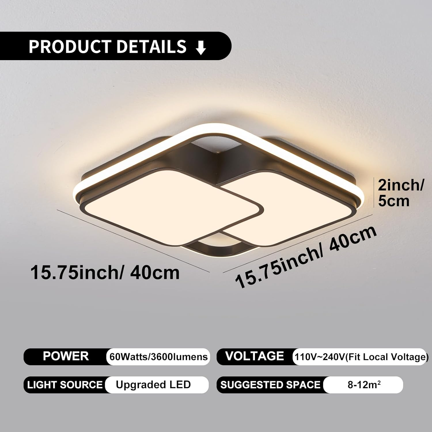 Modern LED Ceiling Light Fixture, Dimmable Black Flush Mount Ceiling Light with Remote, 60W Upgraded Square Bedroom Ceiling Lamp LED Chandelier for Living Room Kitchen Hallway,15.7''