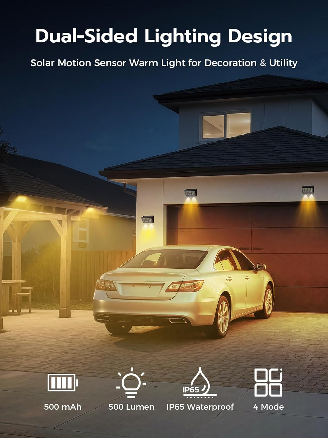 Smiling Shark WL-06 Solar Lights for Outdoors, Pack of 2 Solar Wall Light Outdoor with Motion Sensor, 4 Modes & 120&deg; IP65 Waterproof LED, Super Bright Solar Light for Garden, Patio, Fence, Warm Light image number 1