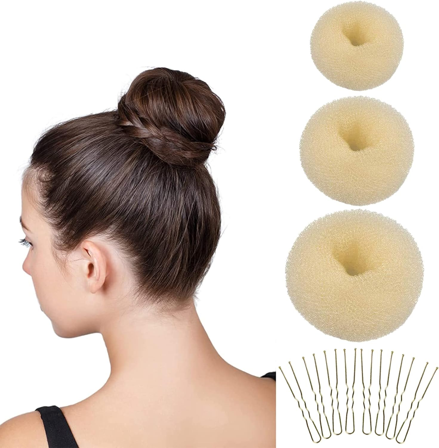 Pack of 6 Bun Cushions, Doughnut Hair Bun Maker Set with 10 Elastic Hair Bands and 10 U-Shaped Hair Pins, VEGCOO Bun Pillow Small and Large Nylon Hair Donut Brown Bun Aid for Children Women Girls (White)
