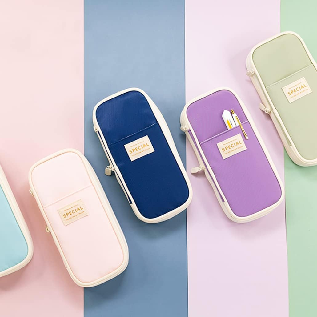 Isuperb Large Pencil Case Pen Holder with Zipper Pink Pencil Bag with Compartment Large Capacity Canvas Stationery Storage Bag Deformable Zipper Pencil Box for School or Office image number 6