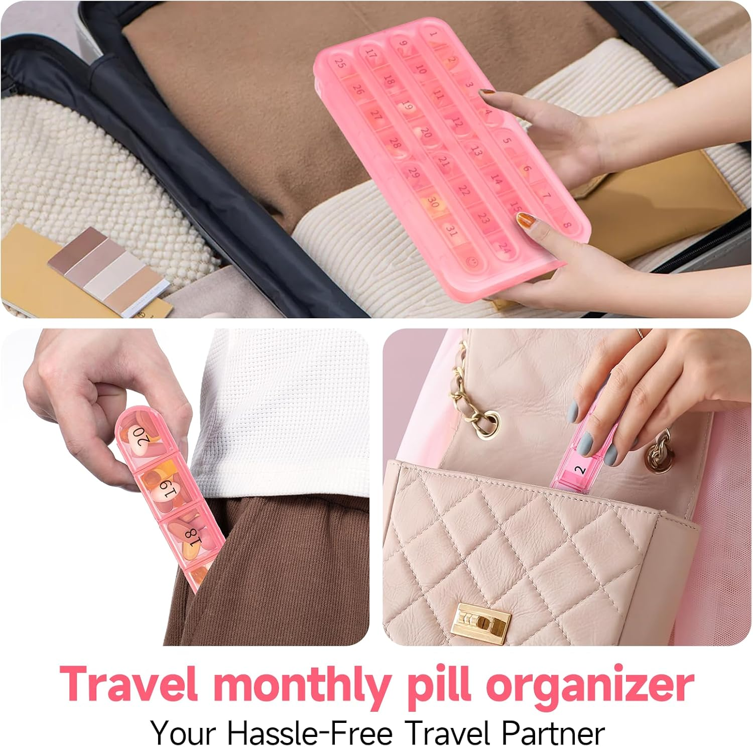 Zoksi Monthly Pill Organizer 1 Time a Day, 30 Day Pill Box Organizer Once a Day, One Month Large Pill Case for Travel, 31 Day Daily Medcine Container for Vitamins, Supplement & Medication (Pink) - Olive image number 5
