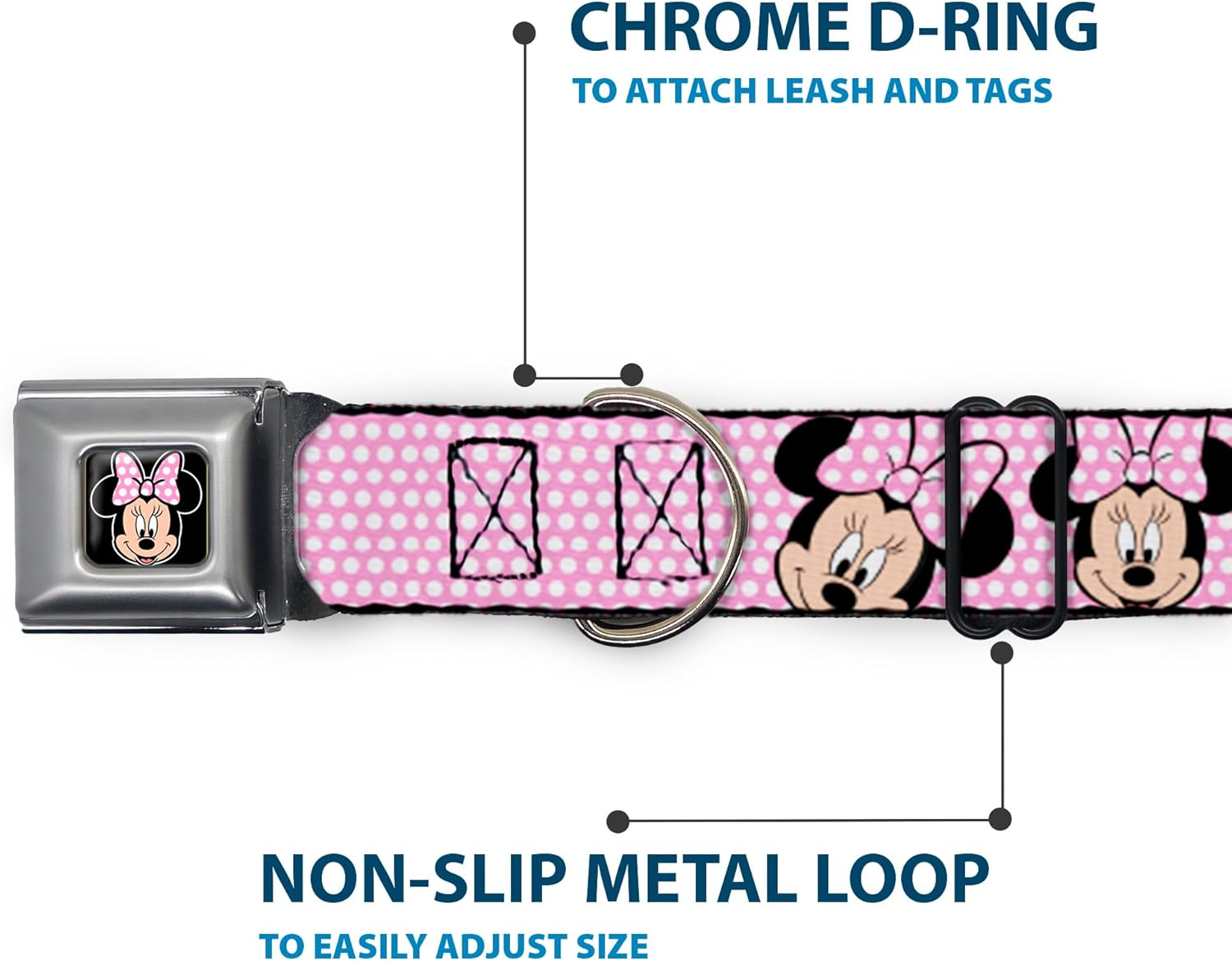 Buckle-Down Seatbelt Buckle Dog Collar - Minnie Mouse Expressions Polka Dot Pink/White - 1" Wide - Fits 9-15" Neck - Small