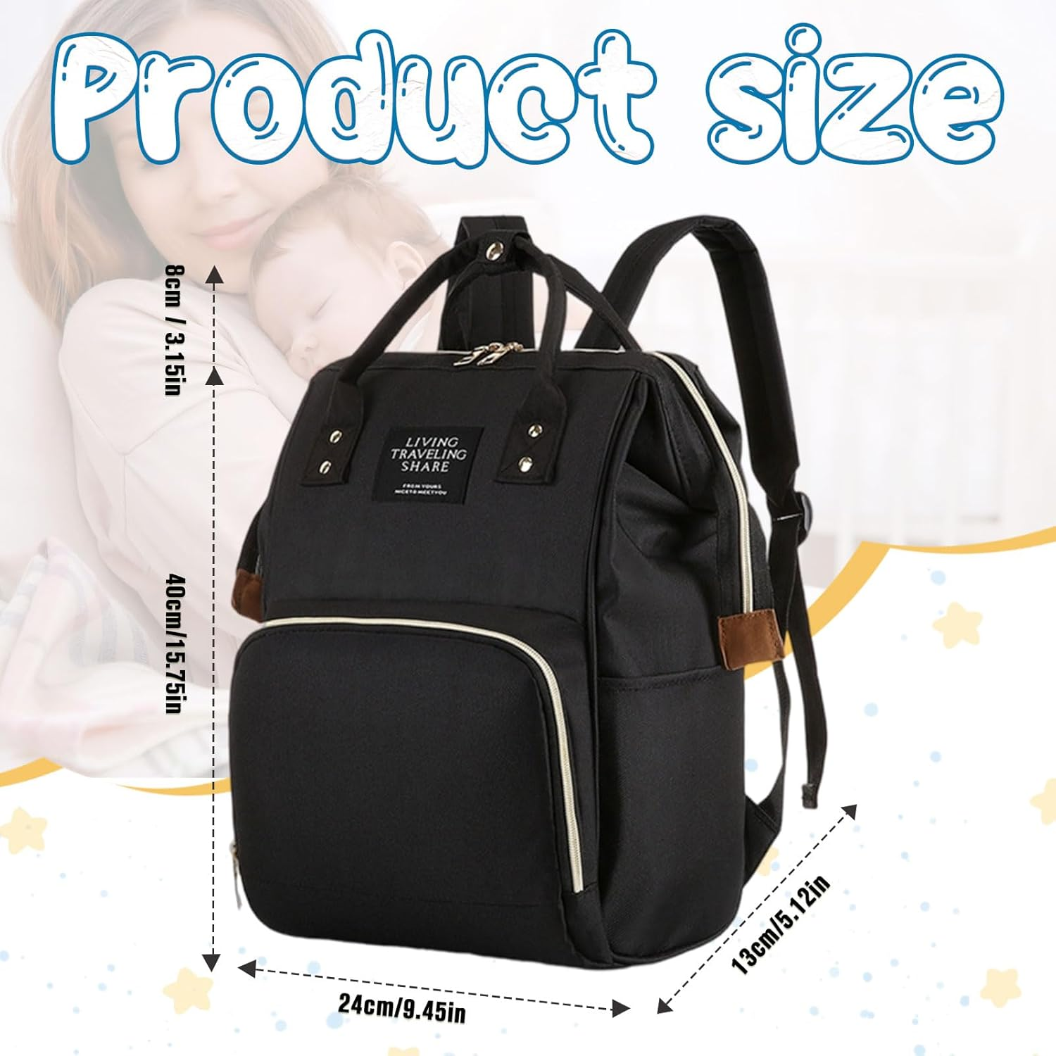 Fiohiros Nappy Bags for Baby - Waterproof Baby Bag for Mum with Insulated Pockets, Large Nappy Backpack & Stroller Straps, Hospital Bag Maternity Essentials - Black image number 1