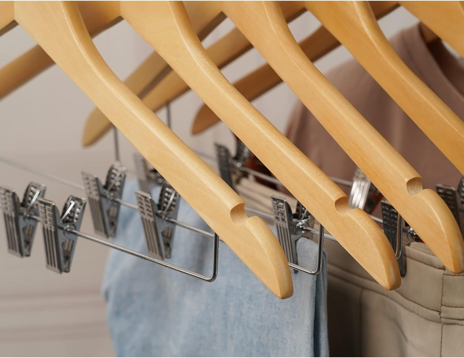 HOUSM 16Pack Wooden Skirt Hangers with Clips, Solid Wood Pants Hangers, Natural, Smooth Finish, High-Grade Selected Wood, Sturdy Metal Clips for Blouse, Dress, Coat, Jacket image number 3
