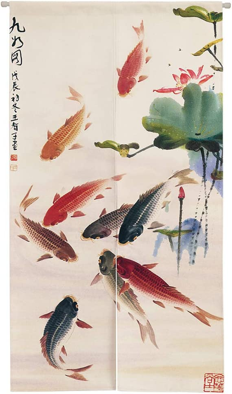 Ofat Home Chinese Ink Painting Doorway Curtain Carps Koi Fishes Japanese Noren Bring You Good Luck Tapestry for Wall Hanging Bedroom Divider Kitchen Partition Bathroom Door Decor, 33.5"X 59" image number 2