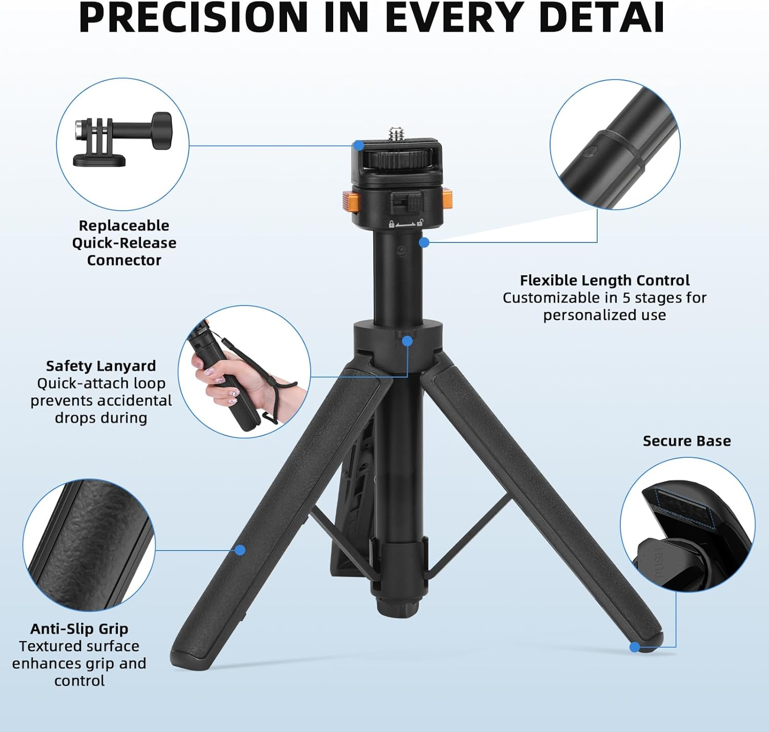 Osmo Pocket 3 Tripod for Go Pro Action Camera, Mini Table Desk Extendable Tripod Stand Small Handheld Selfie Stick with Quick Release 1/4'' Screw Vlog for DJI Action 5 Pro for Insta360 X4 Accessories image number 4