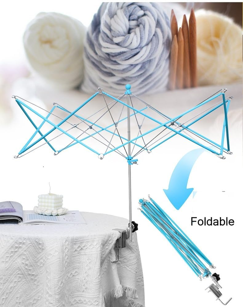 Leanockesa Yarn Winder, Umbrella Swift, with Table Clamp Portable Swift Winder for Crocheting, Holder for Skeins Flexible Lightweight Foldable Design, Height & Diameter Adjustable to Suit Space, Ideal Helper for Knitting Enthusiasts (Blue) - Blue image number 2