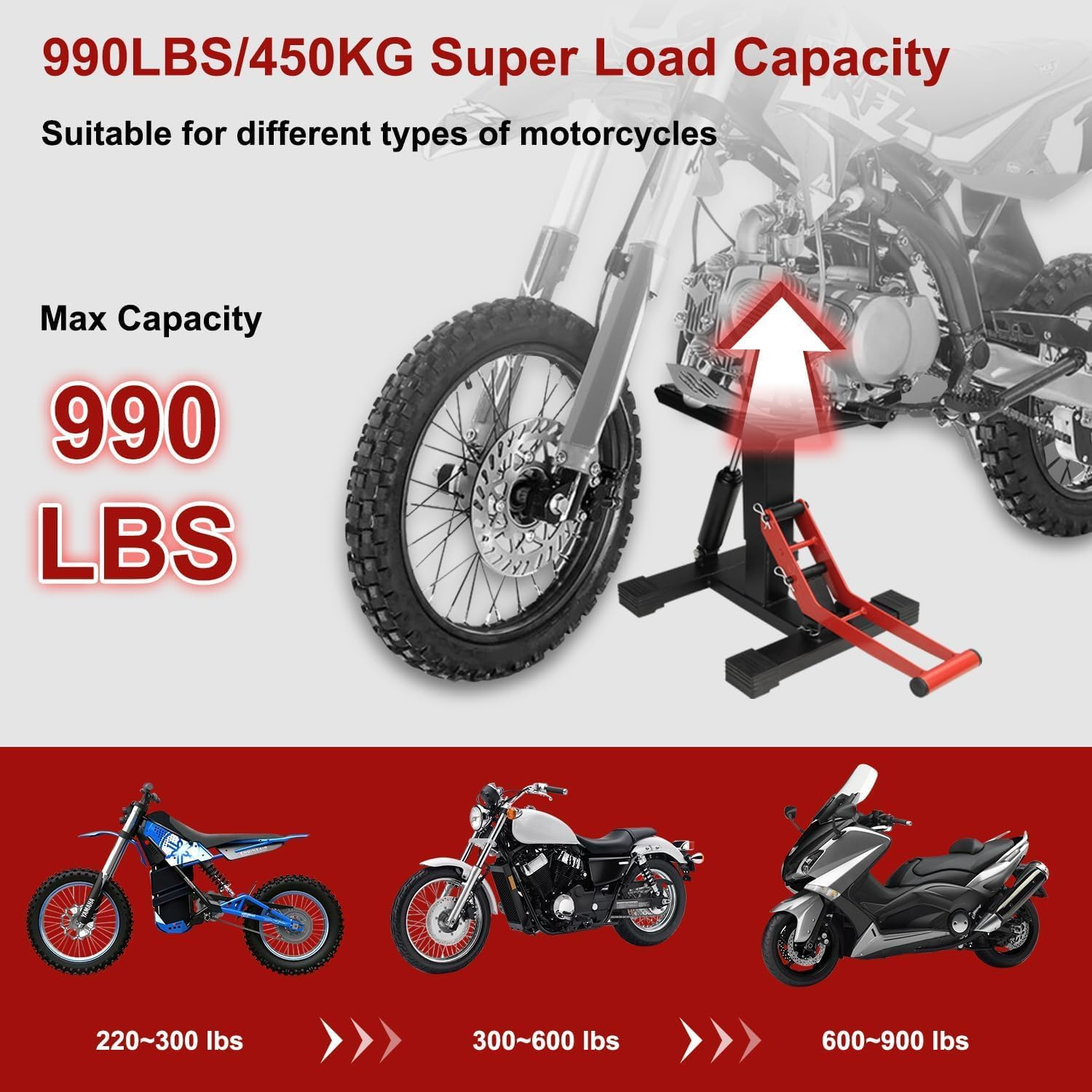 Motorcycle Jack Lift for Dirt Bike, Hydraulic Motorcycle Stand with 990LBS Capacity, Adjustable Lift for Motorbike Repair image number 4