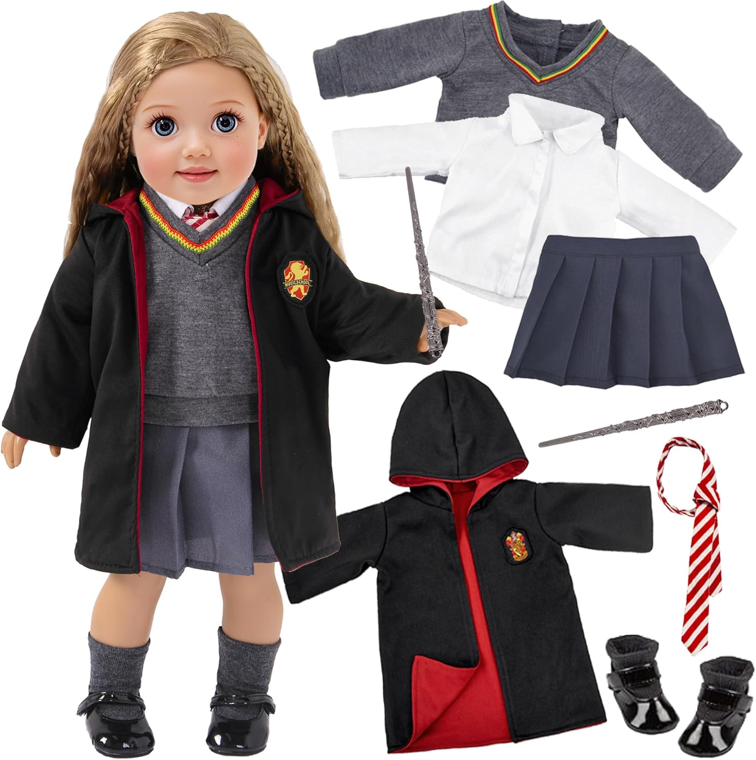 Ebuddy 10Pc/Set Hermione Inspired Doll Clothes Outfits for 18 Inch American Girl Dolls Includes Shirt, Skirt, Sweater, Tie, Socks, Robe, Magic Wind, Imitate Book and Shoes Glasses