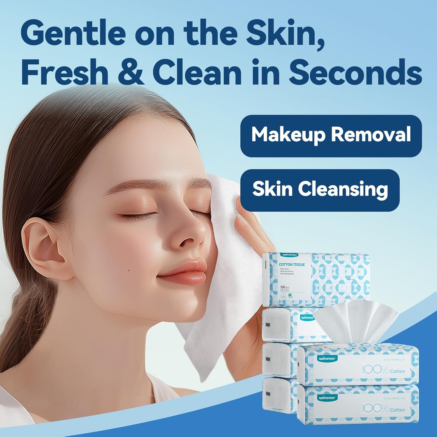 Winner Soft Face Towels, 100% USDA Biobased Facial Towels, Unscented Cotton Tissues for Sensitive Skin, Oeko-Tex Certified Face Towelettes Disposable, Makeup Remover Dry Wipes, 600 Ct, 6 Pack image number 2