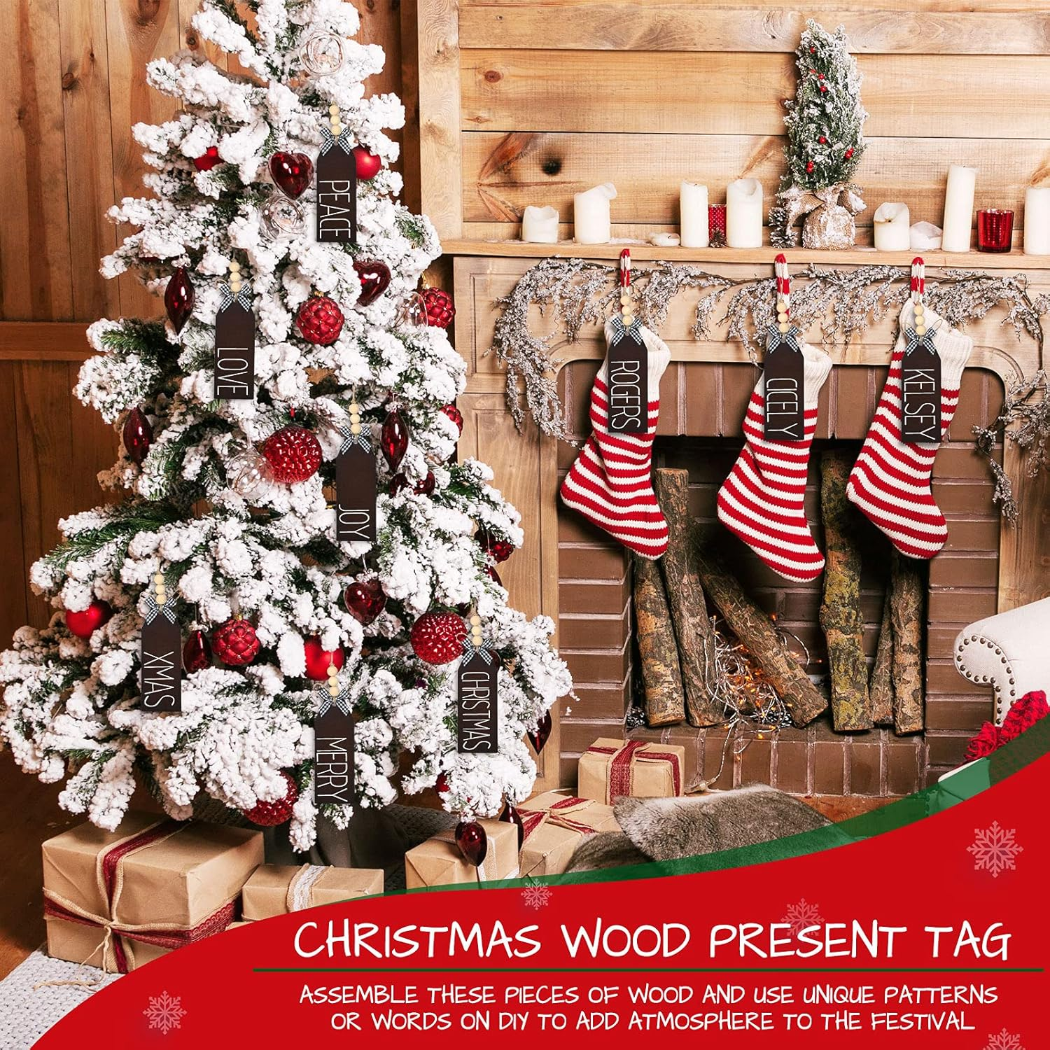 18 Pieces Christmas Wood Stocking Name Tags DIY Stocking Signs Personalized Farmhouse Stockings Name Tag with Buffalo Check Bows for Christmas Closet Xmas Hanging Decoration(Dark Color) - 12, Multi Color image number 5