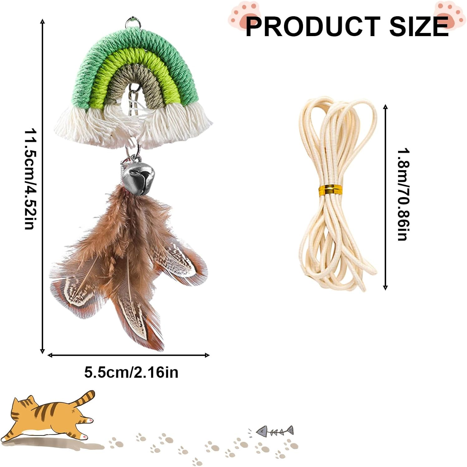 Luckyopt Interactive Cat Toy, Plush Cat Toy with Feather and Colourful Ornament Rainbow, 0.78 Inch Feather Toy for Cat Game and Killing Time (Green)