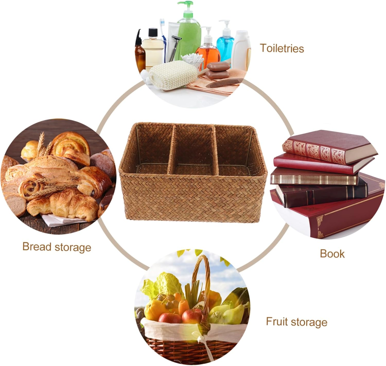 Hohopeti 3-Compartment Straw Woven Storage Basket, 28.5 X 18.5 X 13Cm, Natural Seagrass Organizer for Bathroom and Kitchen Counter, Divided Long Basket for Toiletries and Household Items image number 2