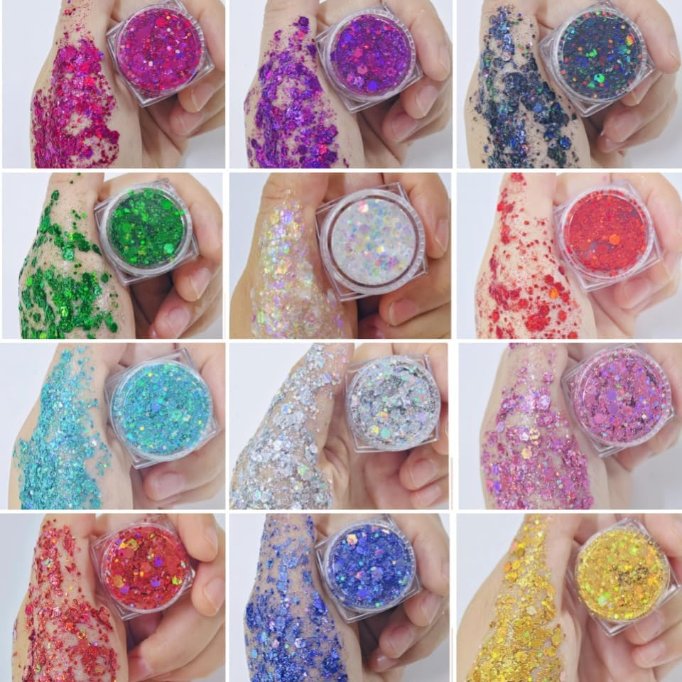 FRAKMU 12 Colors Holographic Chunky Glitter Gel Set for Christmas Party Makeup - Face, Body, Eye, Lips, Hair, Nail Cosmetic Festival Chunky Glitter Eyeshadow - Mixable, No Need Glue image number 4
