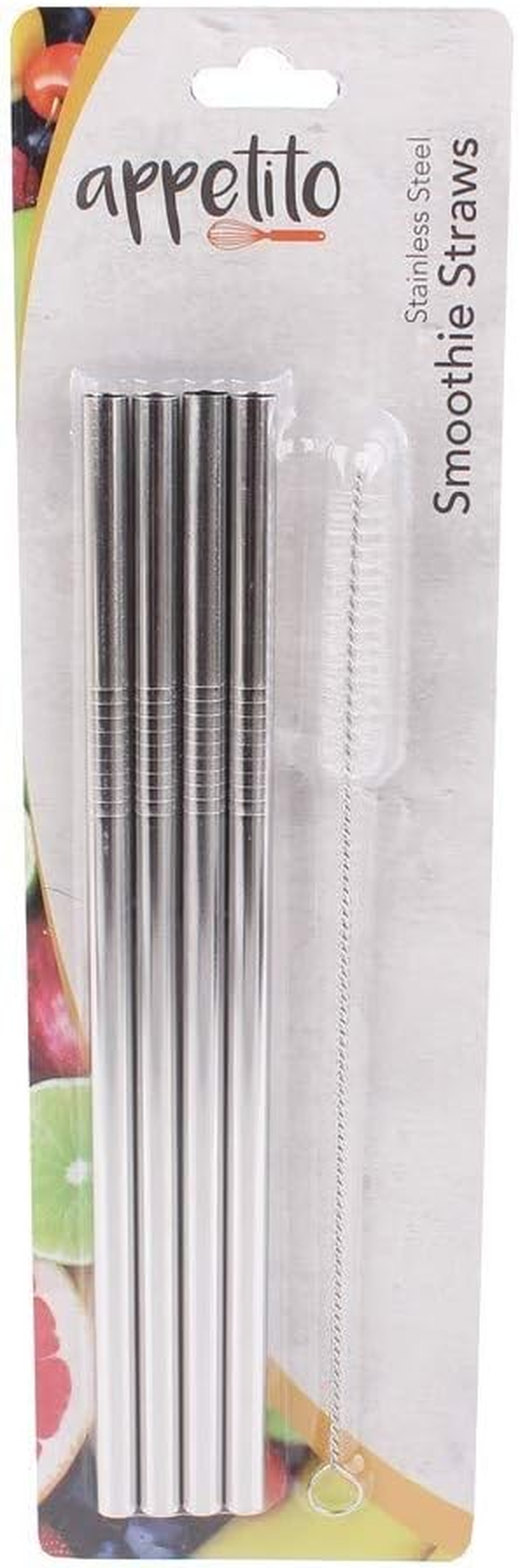 Appetito Stainless Steel Straight Smoothie Straws Set 4 W/Brush
