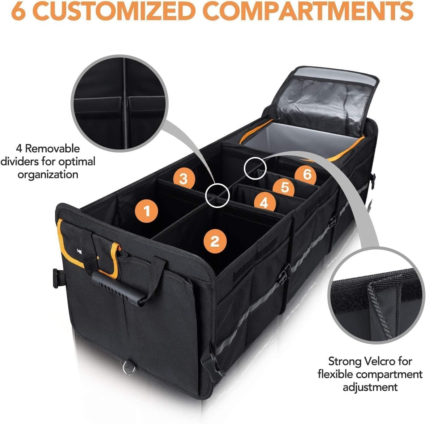 Large Trunk Organizer with Built-In Leakproof Cooler Bag,Car Organizers and Storage for SUV 4 Removable Dividers Collapsible Portable Non-Slip Bottom Tie down Strap,Car Accessories image number 1