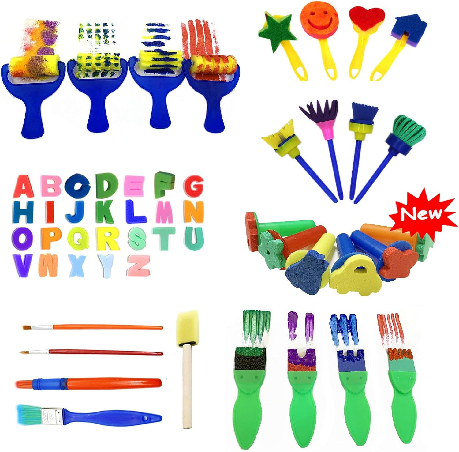 Lumsburry 59Pcs Kids Art & Craft Early Learning Painting Sponges Stamper Mini Paint Brushes Kit with 26 English Alphabets Drawing Tools (With Apron&Box)