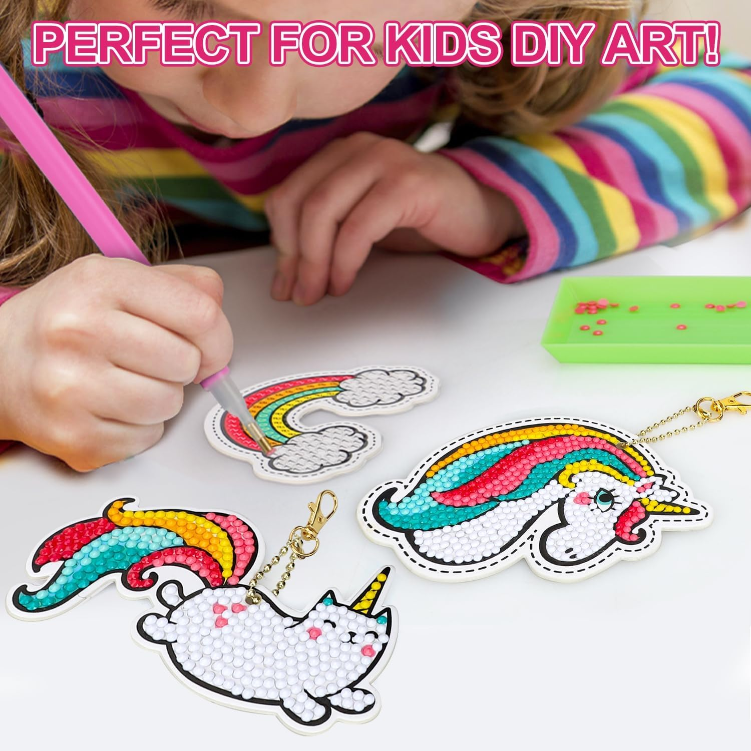 12Pcs Diamond Painting Art Kits for Kids, 5D Diamond Arts and Crafts Keychains for Kids Girls Ages 6-12 with Gift Box Gem Art Supplies Gem Star Cake Rainbow Keychains image number 4