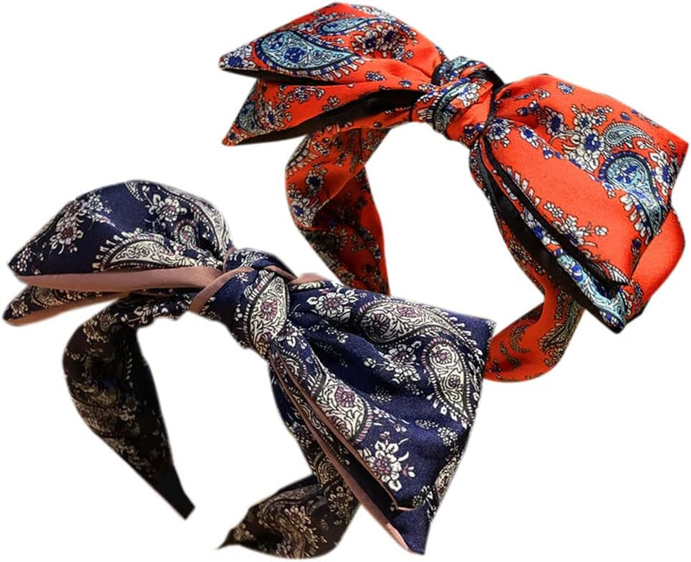 Boho Bow Tie Knotted Fabric Headbands Knotted Hair Bands Elastic Fabric Headgear Vintage Flower Headband Turban Headband for Women (Beadde) 2 Pieces