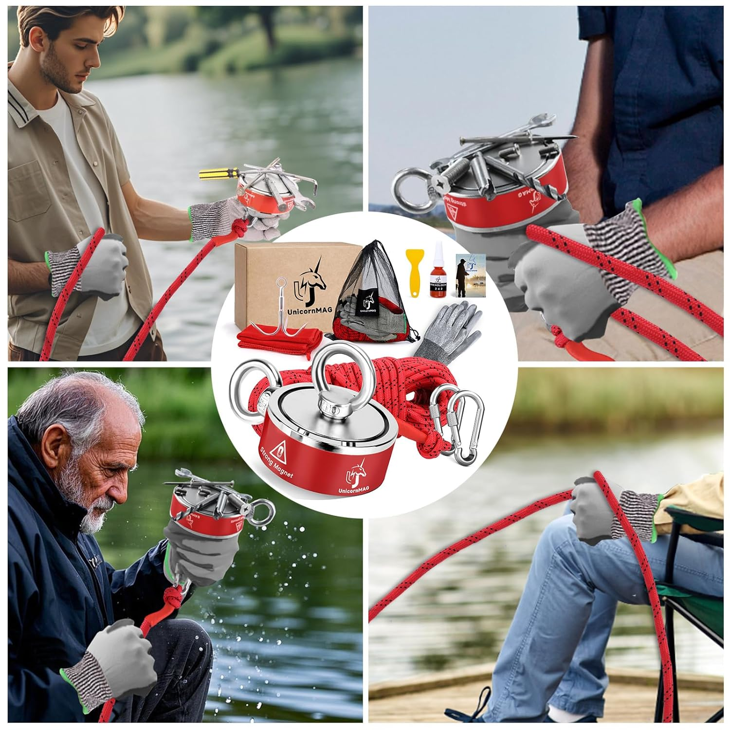 Unicornmag Magnet Fishing Kit | 2200LBS Double Sided Strong Magnet | 65 Ft Rope | Strong Magnets for Treasure Hunting & Underwater Cleaning | Ideal for Magnet Fishing Hobbyists image number 3