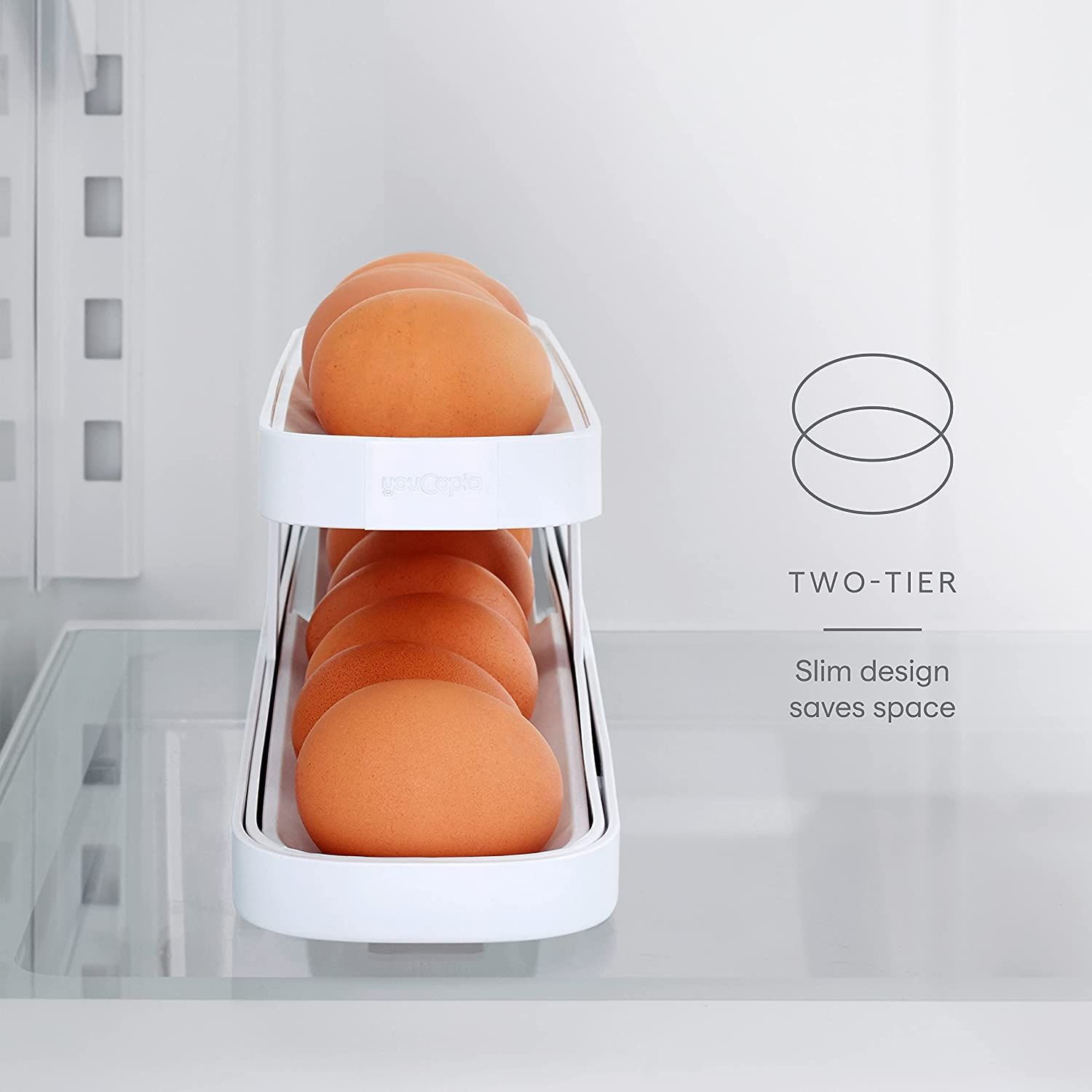 Youcopia Rolldown&trade; Egg Dispenser, Space-Saving Rolling Eggs Dispenser and Organizer for Refrigerator Storage