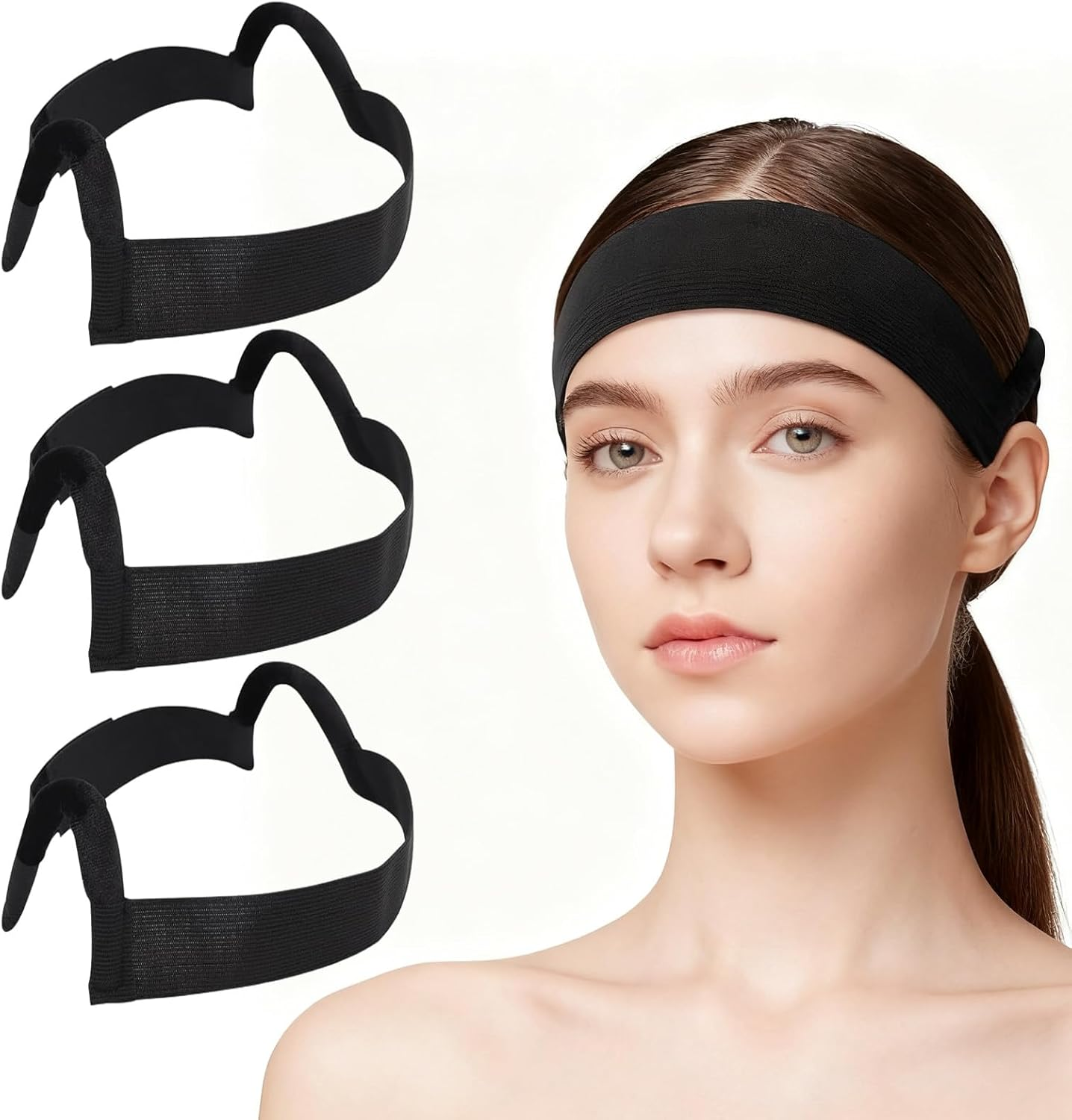 AABDTYYD 3Pcs Black Headband Wig & Wig Grip Cap, Elastic Melting Band with Ear Cut Outs, Comfortable Satin Lace Front Head Band for Secure Natural Hold image number 5