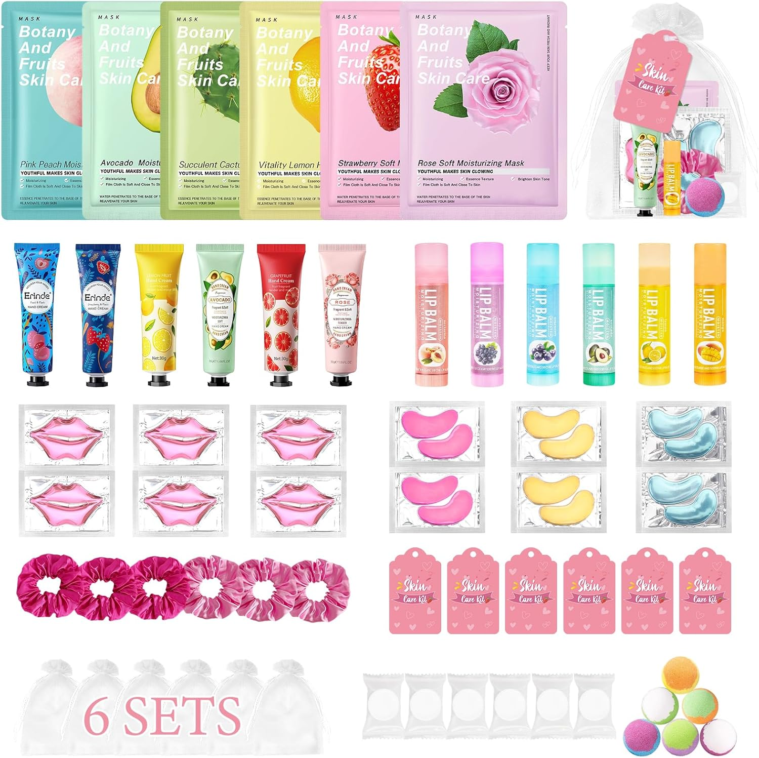 Erinde 60 PCS Spa Party Supplies for Girls, Spa Party Favors Include Face Masks Skincare, Hand Cream, Lip Balm, under Eye Patches, Lip Mask, Foot Bath Bombs, Bulk Birthday Sleepover Party Supplies