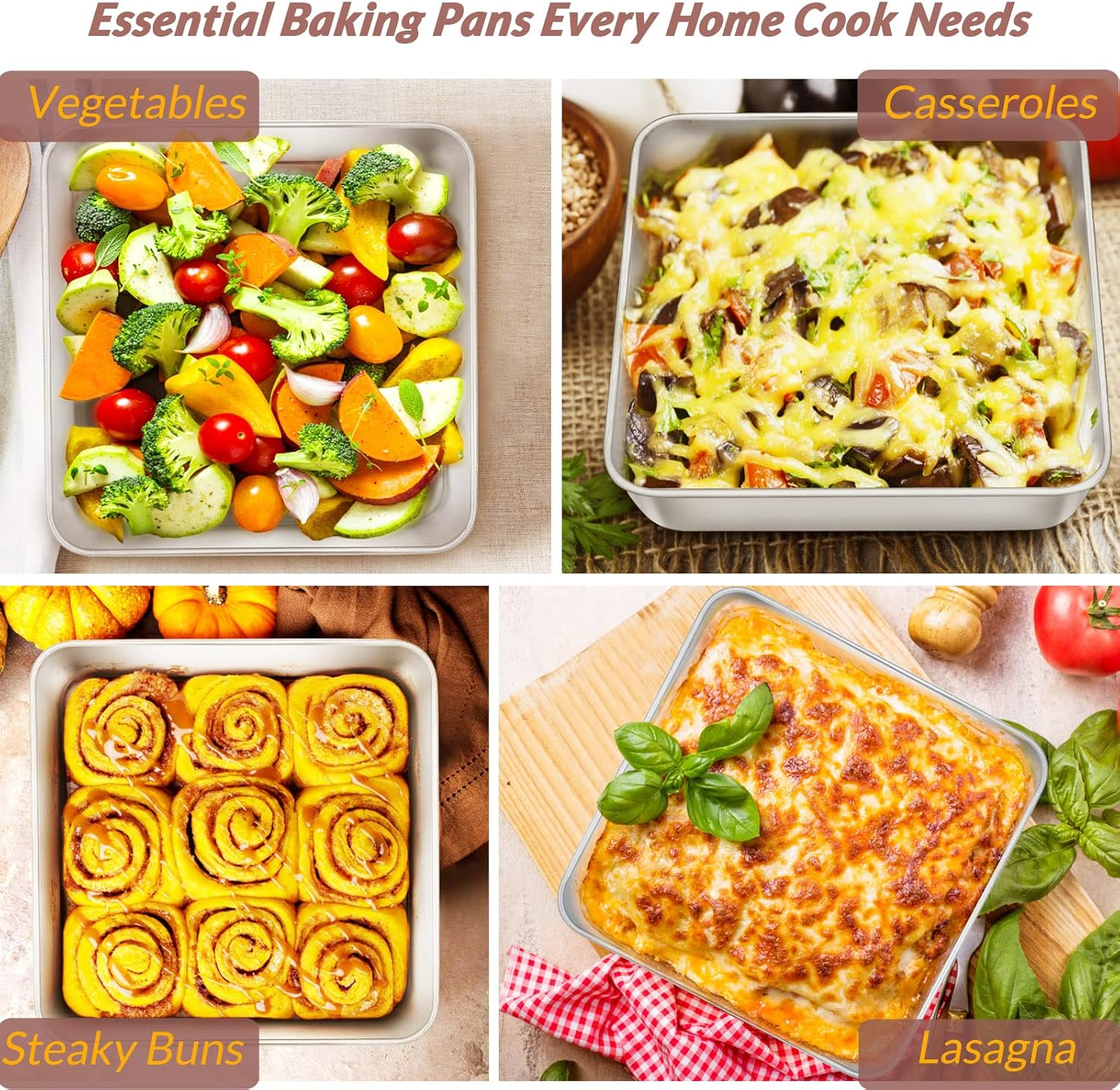 6/8/9-Inch Square Cake Pan Set, E-Far Stainless Steel Square Baking Brownie Pans Metal Bakeware Set of 3, Non-Toxic & Healthy, Easy Clean & Dishwasher Safe image number 1