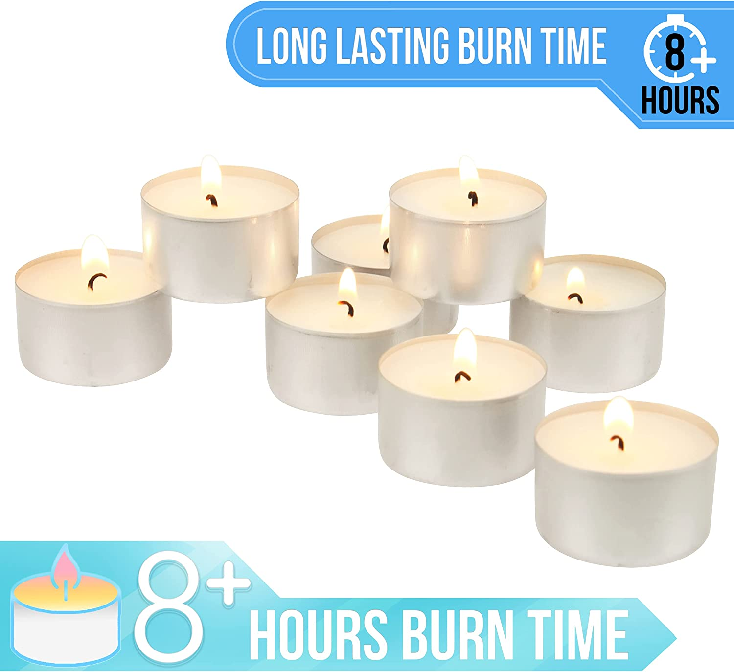 Stonebriar Bulk 50 Pack Unscented Smokeless Long Tea Light Candles with 8 Hour Extended Burn Time, White, 50 Count image number 6