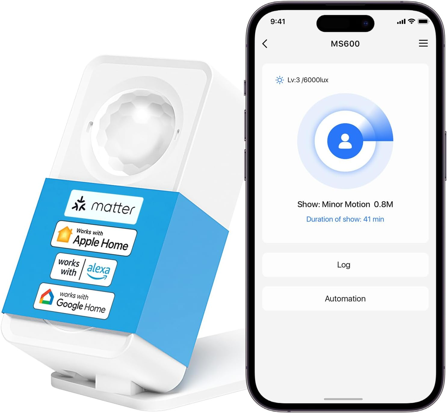 Meross Smart Presence Sensor, Matter Motion Detector with Light Sensor for Home Automation and Security, Pet Friendly, Compatible with Alexa, Google, Apple Homekit, 2.4Ghz Wi-Fi Only