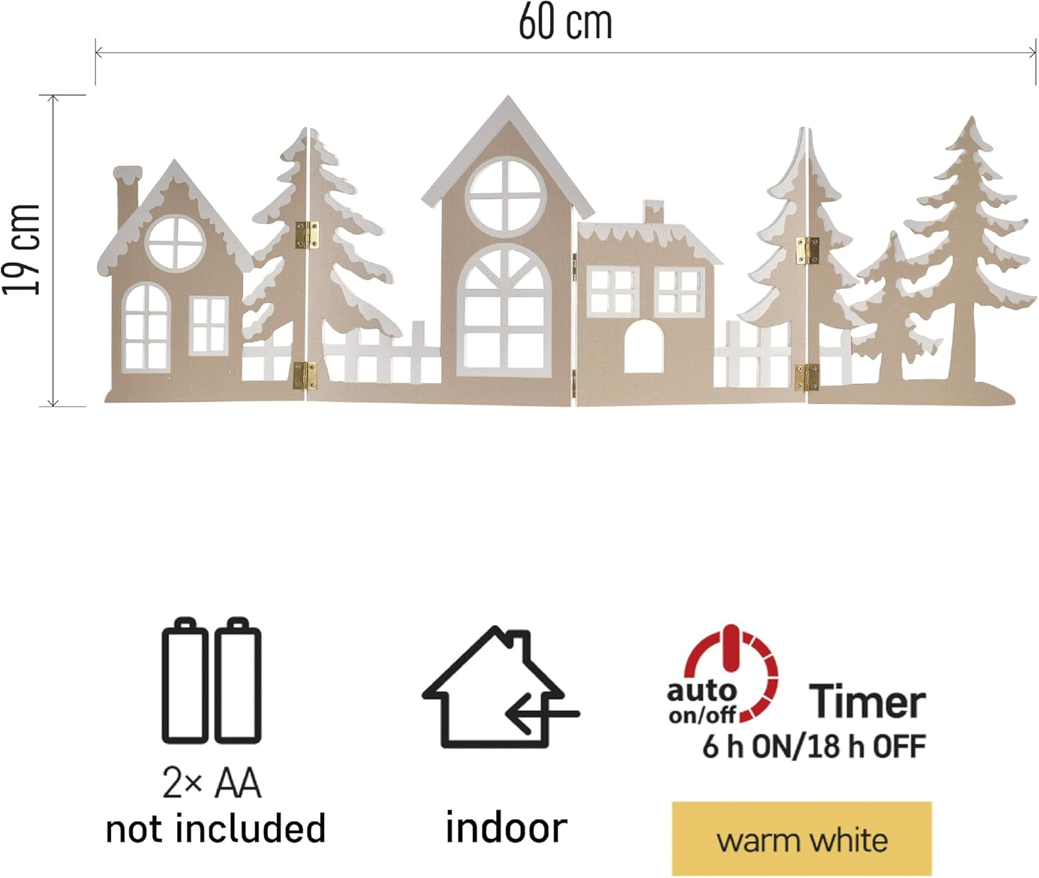 EMOS - LED Wooden Village, Foldable - Wooden Decoration with Village, Warm White - 6/18H Timer, 30Cm Cable, Battery Operated (2X AA) - Lifetime 10000 Hours - for Indoor Use - Natural Wood image number 2