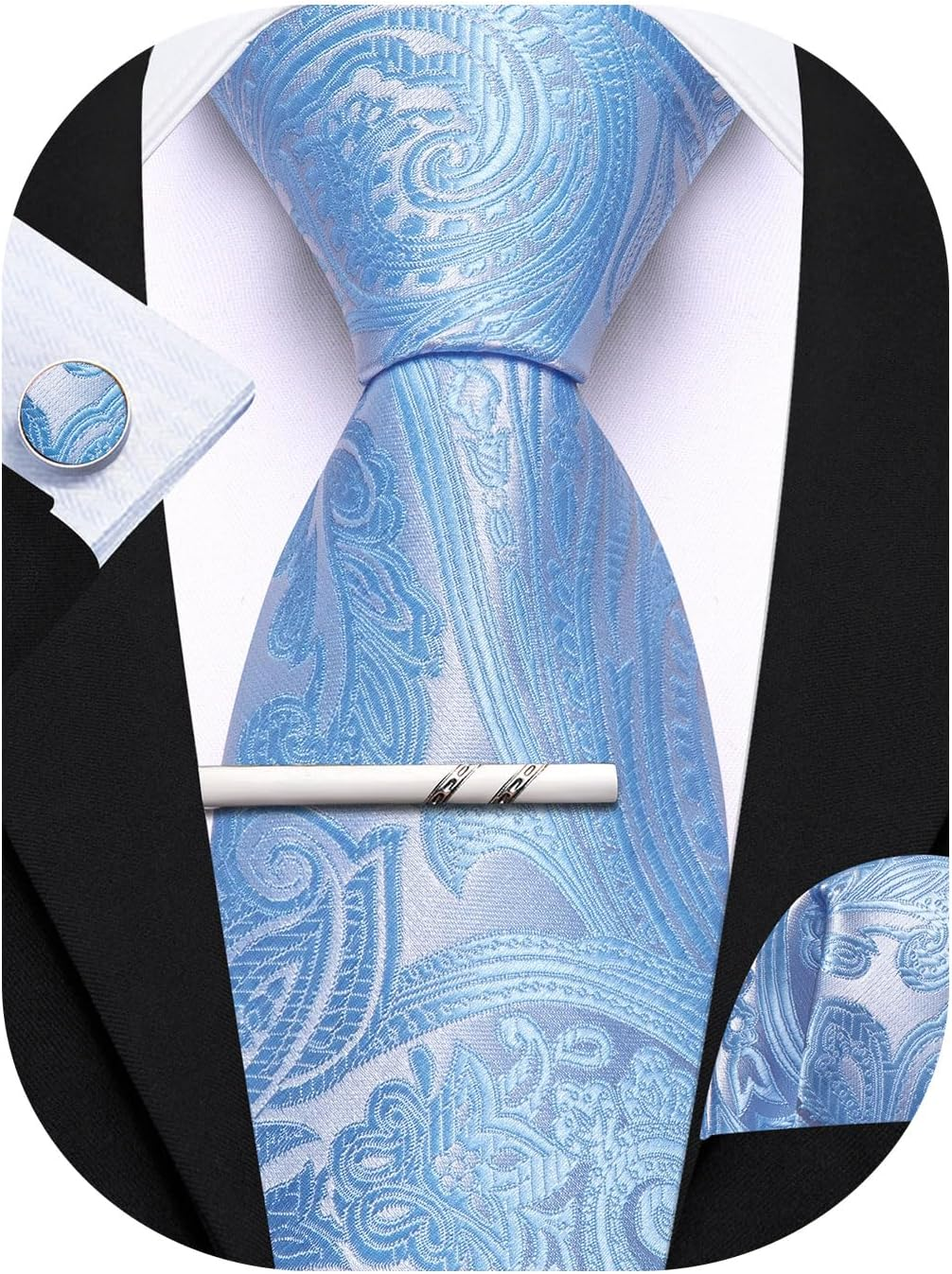 Barry.Wang Paisley Tie with Tie Clip for Men Silk Necktie Pocket Square Cufflinks Set Formal Wedding Party Business